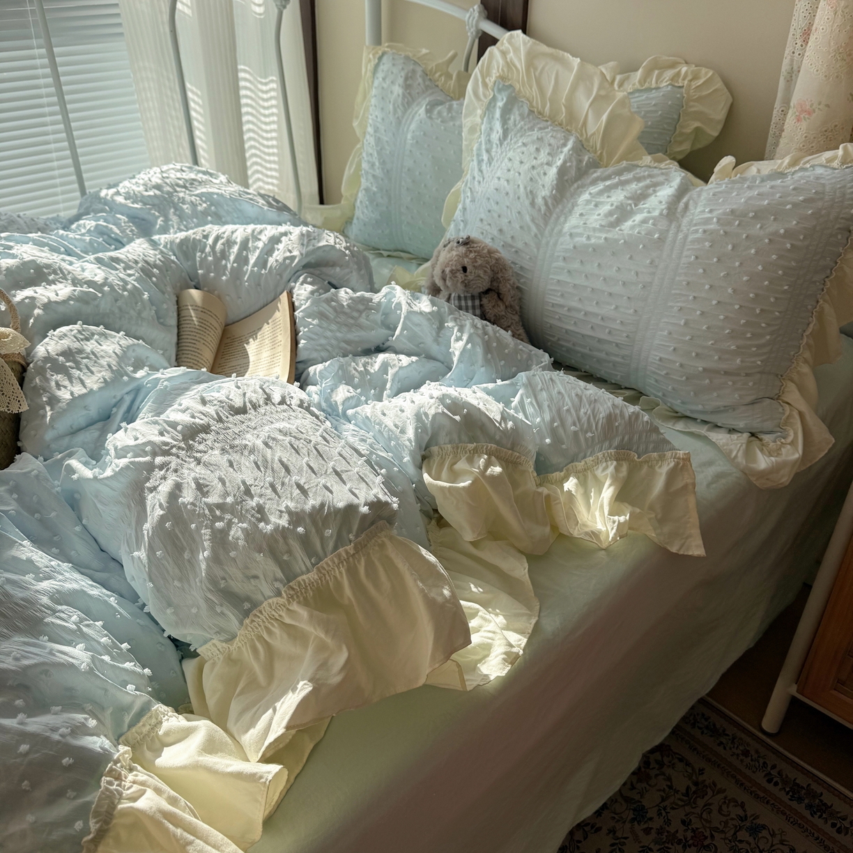 91家纺网 家纺一手货源 找家纺 轻奢坊 2026新款泡泡纱剪花四件套-满天星 满天星蓝