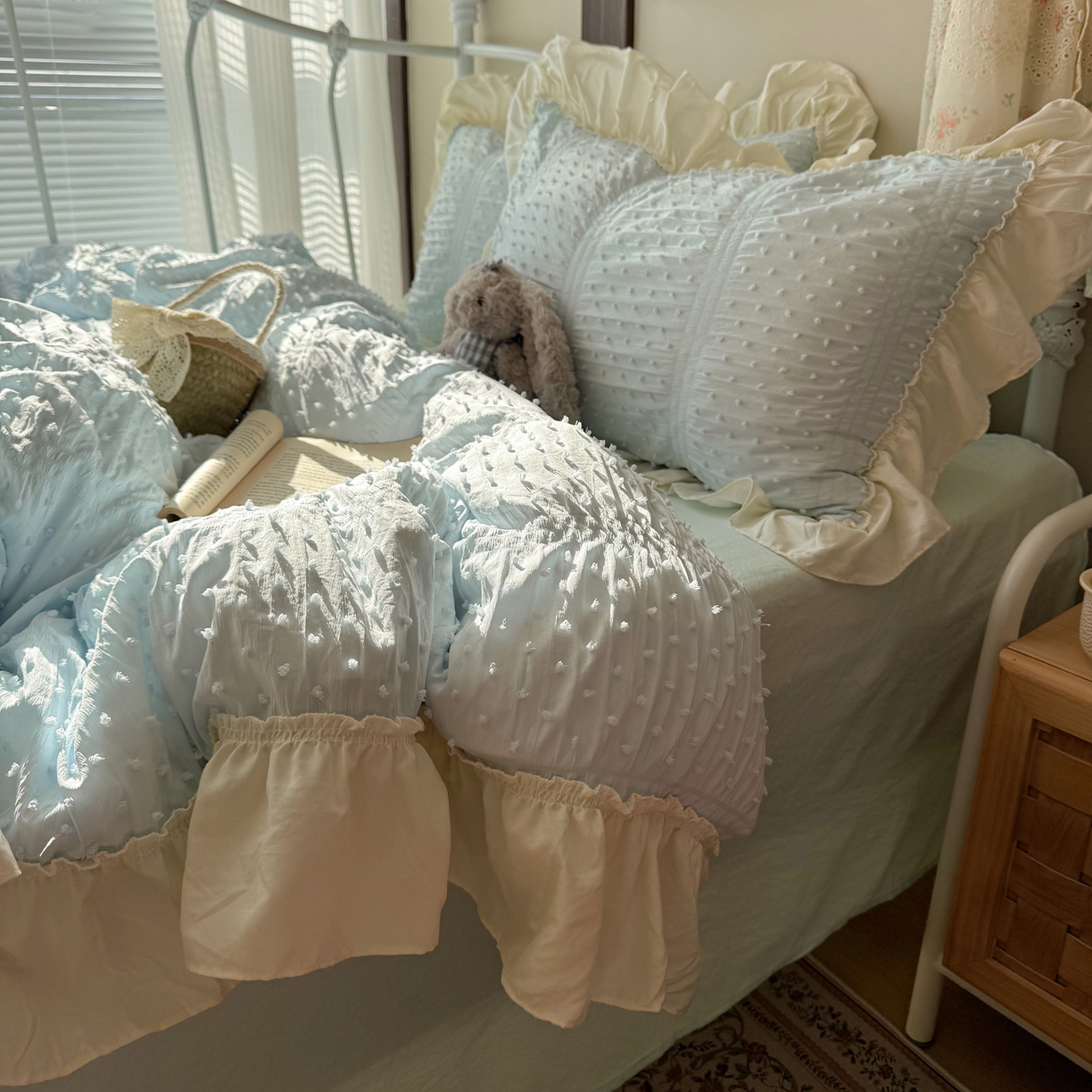 91家纺网 家纺一手货源 找家纺 轻奢坊 2026新款泡泡纱剪花四件套-满天星 满天星蓝