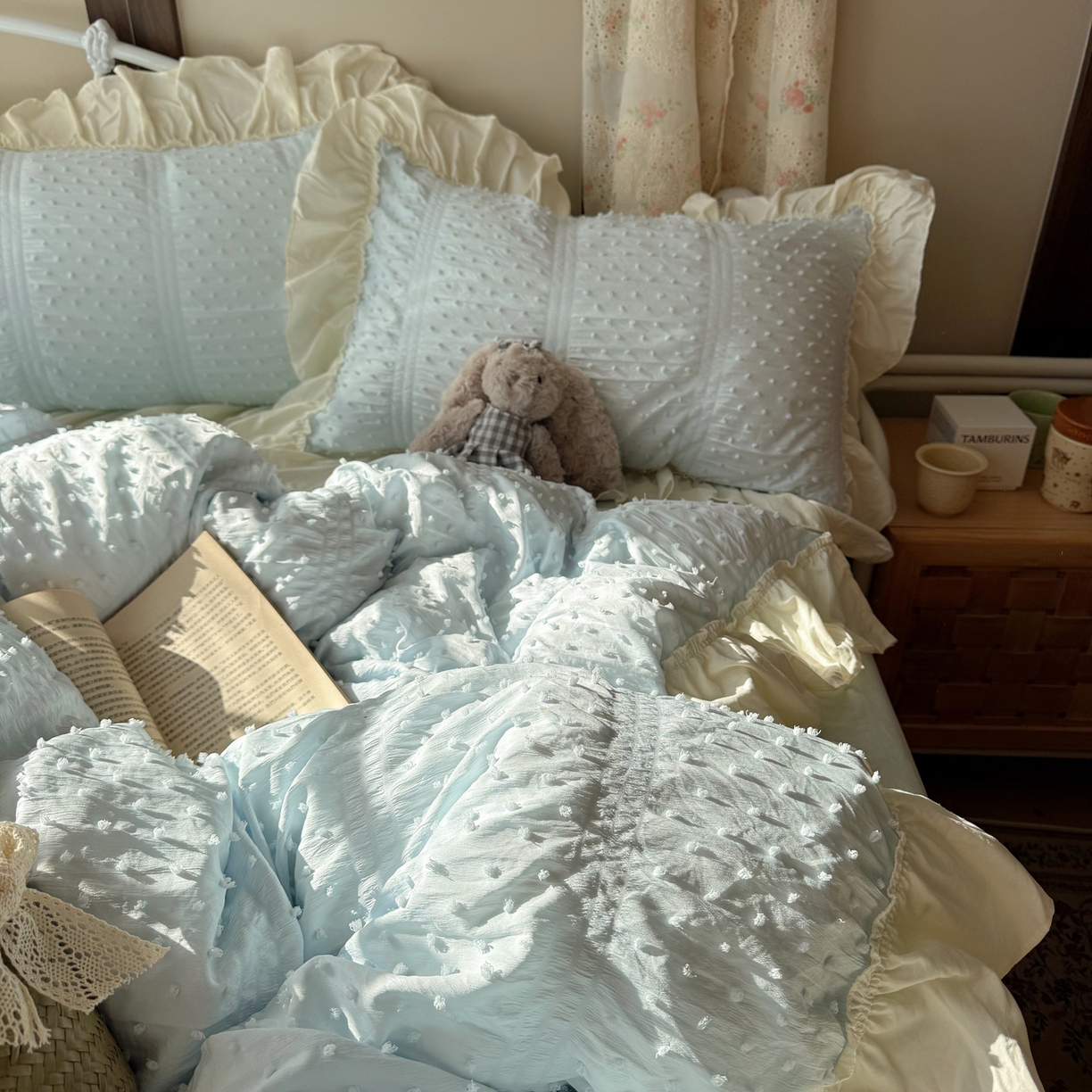 91家纺网 家纺一手货源 找家纺 轻奢坊 2026新款泡泡纱剪花四件套-满天星 满天星蓝