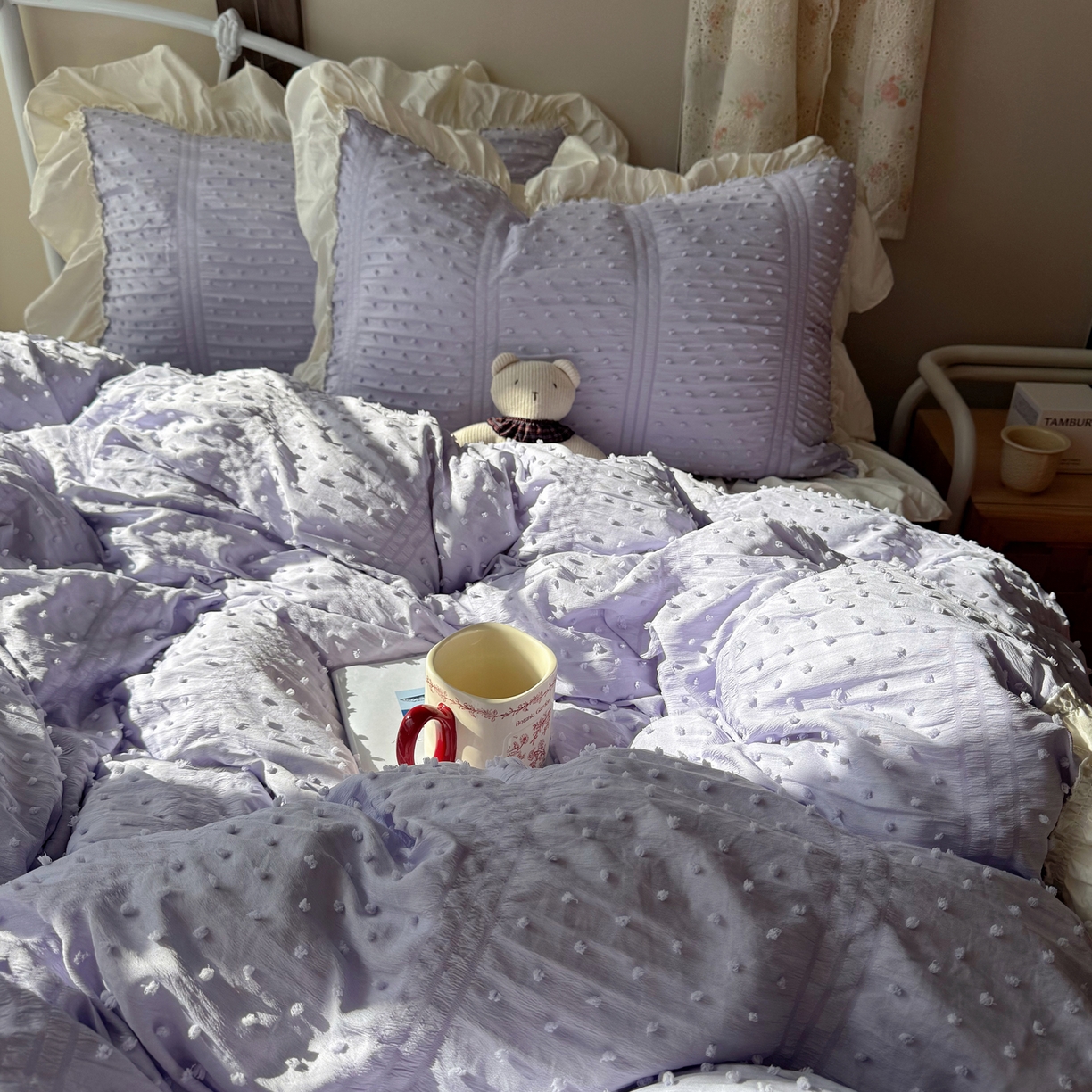 91家纺网 家纺一手货源 找家纺 轻奢坊 2026新款泡泡纱剪花四件套-满天星 满天星紫