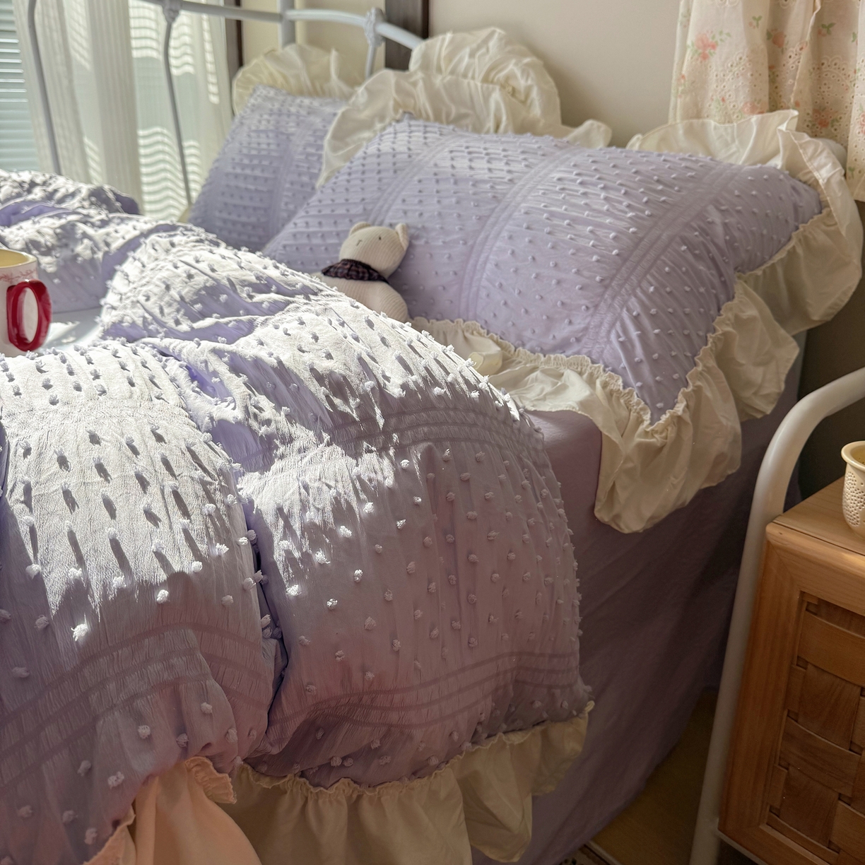 91家纺网 家纺一手货源 找家纺 轻奢坊 2026新款泡泡纱剪花四件套-满天星 满天星紫