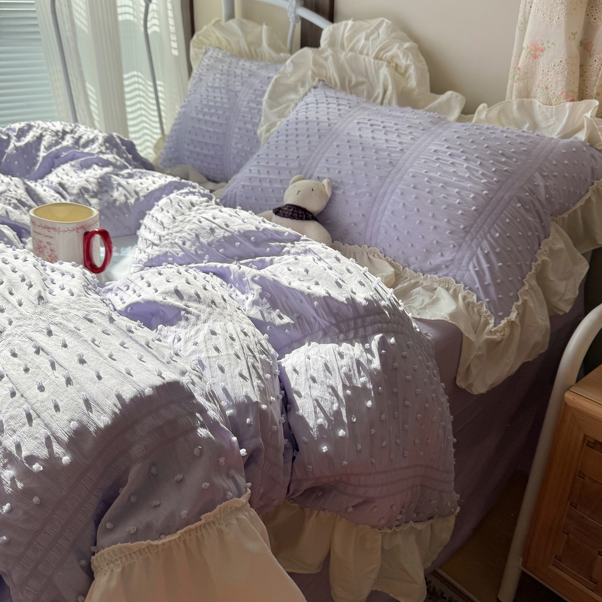 91家纺网 家纺一手货源 找家纺 轻奢坊 2026新款泡泡纱剪花四件套-满天星 满天星紫