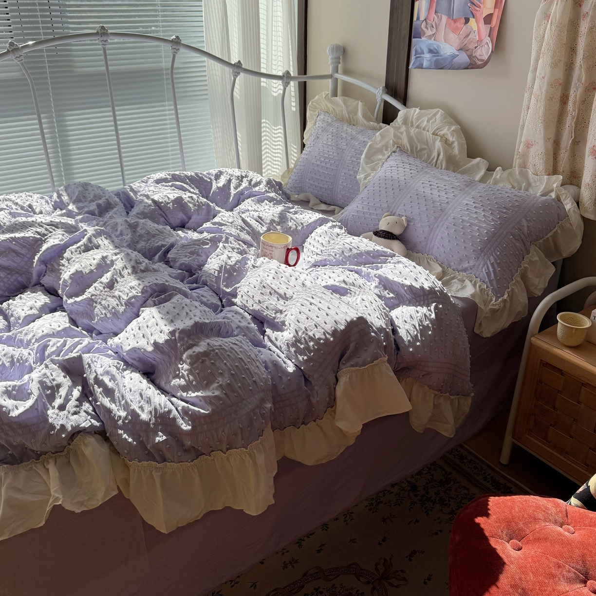 91家纺网 家纺一手货源 找家纺 轻奢坊 2026新款泡泡纱剪花四件套-满天星 满天星紫