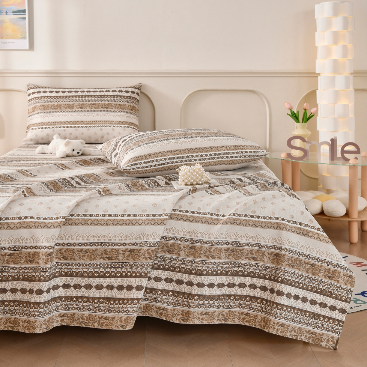 91家纺网 家纺一手货源 找家纺 悠米悠家 2026新款工艺款印花老粗布床单单品床单床单单件凉席席子 棕调波西纹