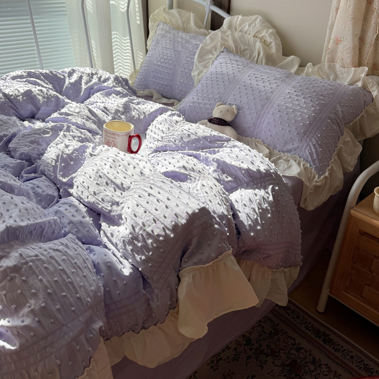 91家纺网 家纺一手货源 找家纺 轻奢坊 2026新款泡泡纱剪花四件套-满天星 满天星紫