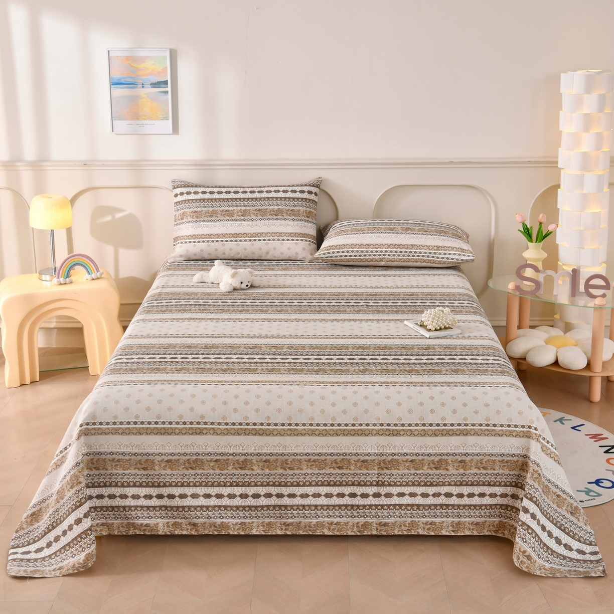 91家纺网 家纺一手货源 找家纺 悠米悠家 2026新款工艺款印花老粗布床单单品床单床单单件凉席席子 棕调波西纹