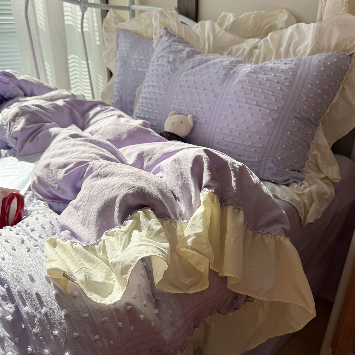 91家纺网 家纺一手货源 找家纺 轻奢坊 2026新款泡泡纱剪花四件套-满天星 满天星紫