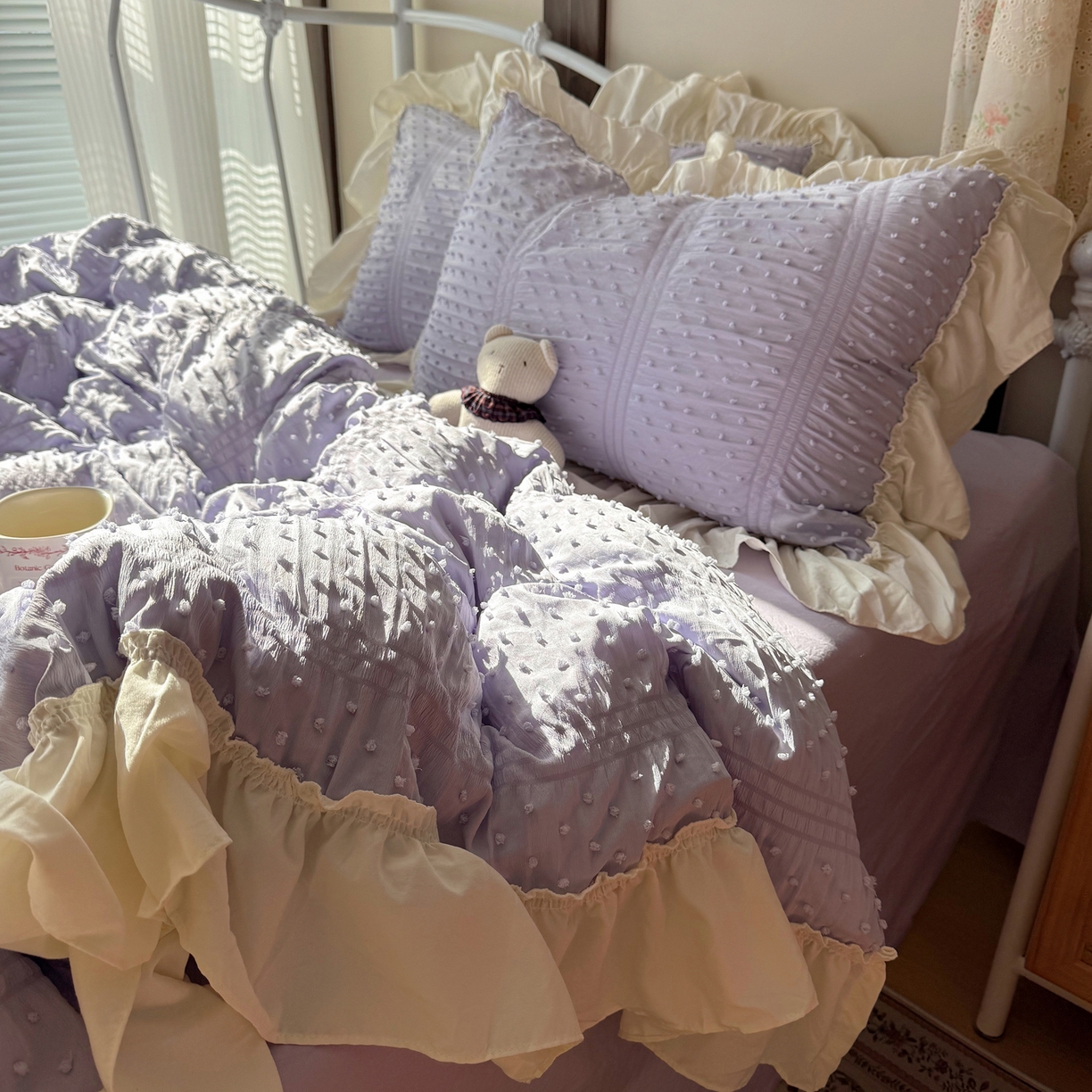 91家纺网 家纺一手货源 找家纺 轻奢坊 2026新款泡泡纱剪花四件套-满天星 满天星紫