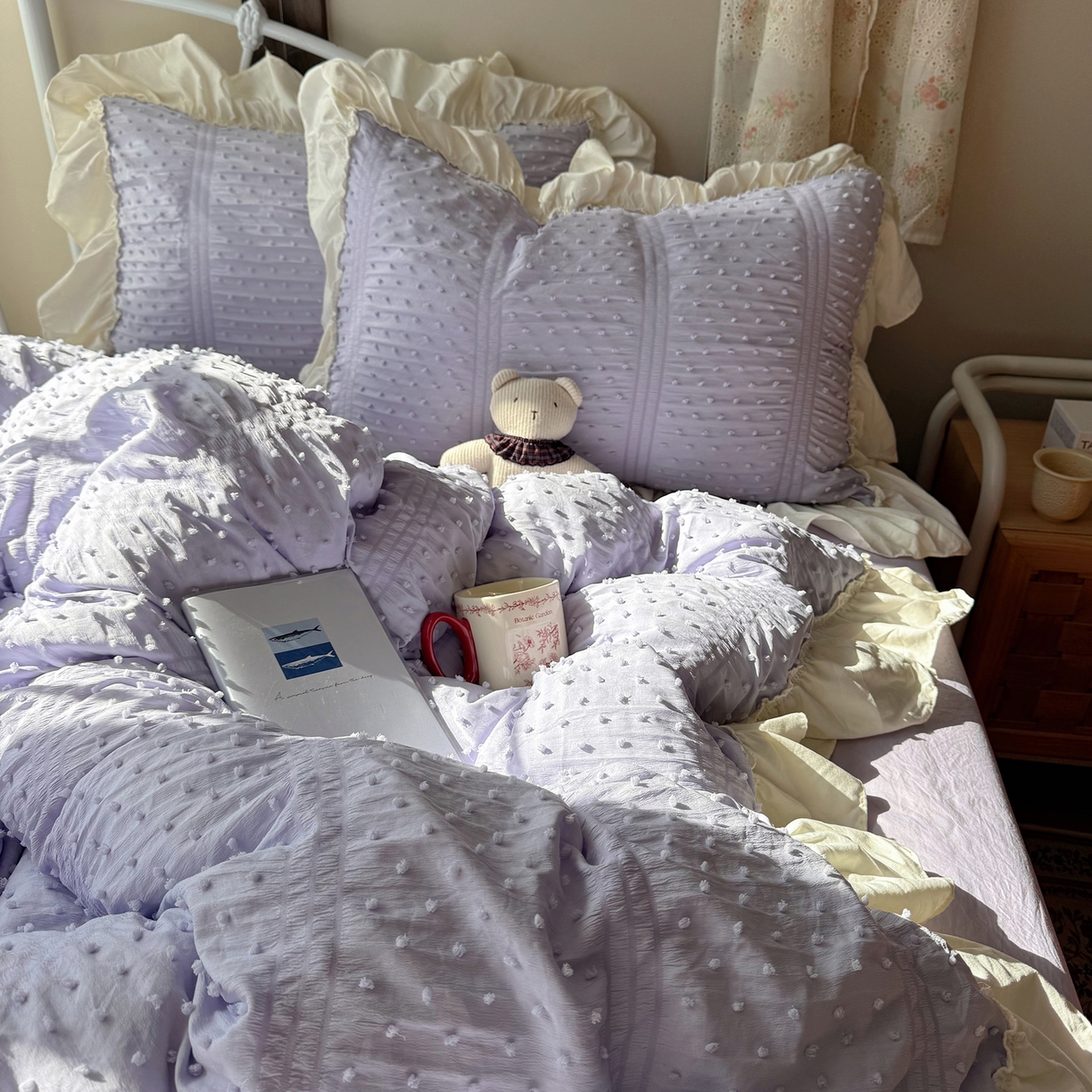 91家纺网 家纺一手货源 找家纺 轻奢坊 2026新款泡泡纱剪花四件套-满天星 满天星紫