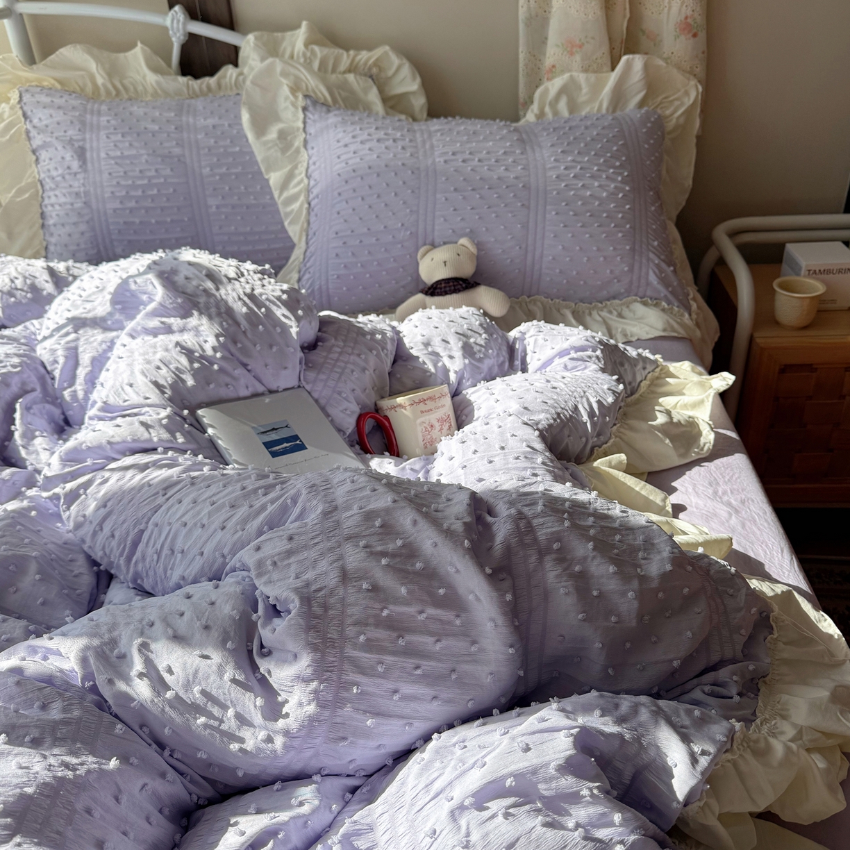 91家纺网 家纺一手货源 找家纺 轻奢坊 2026新款泡泡纱剪花四件套-满天星 满天星紫