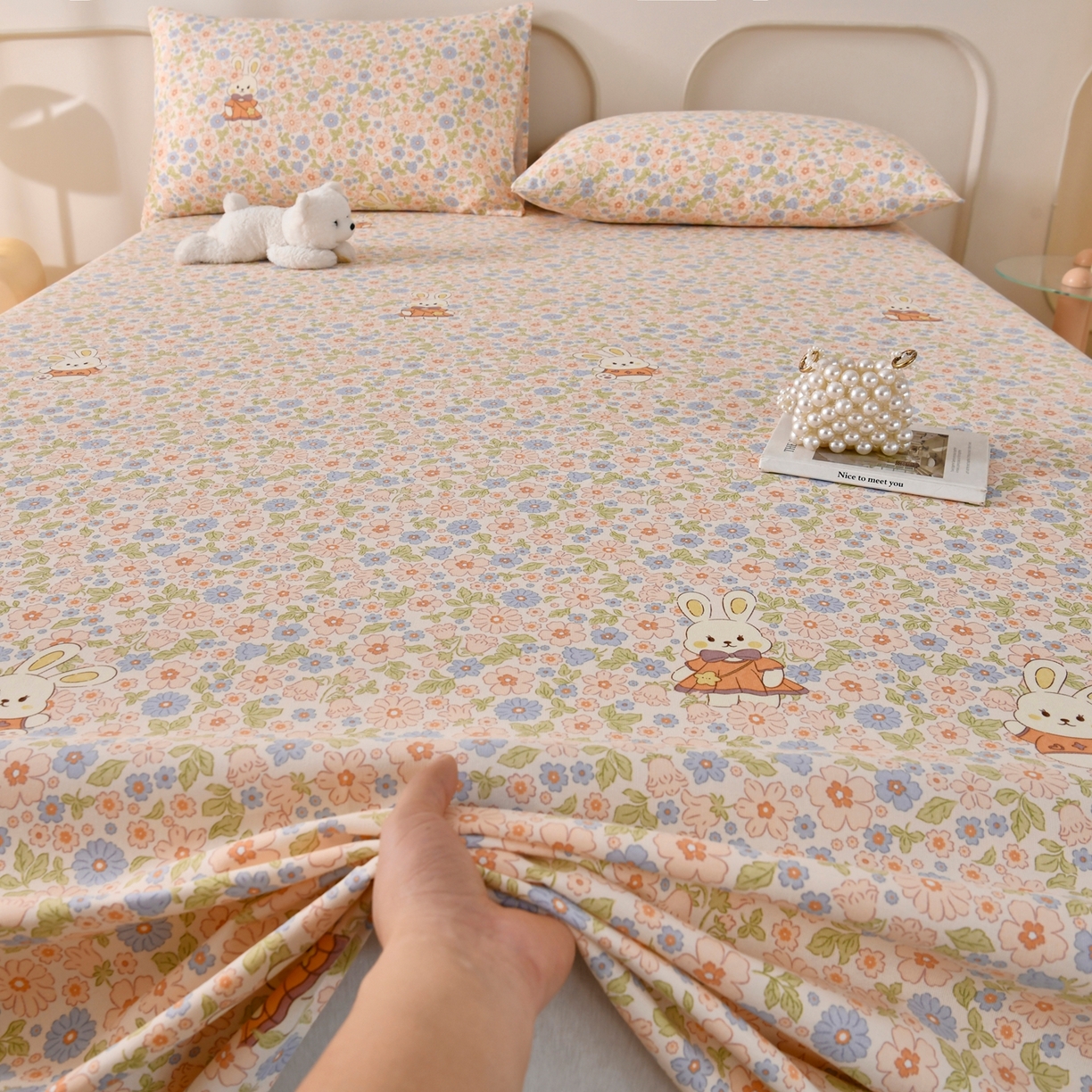 91家纺网 家纺一手货源 找家纺 悠米悠家 2026新款工艺款印花老粗布床单单品床单床单单件凉席席子 春日兔游记