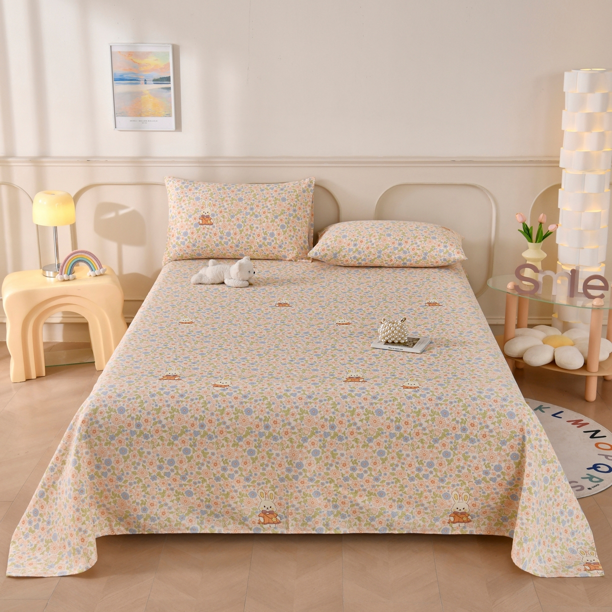 91家纺网 家纺一手货源 找家纺 悠米悠家 2026新款工艺款印花老粗布床单单品床单床单单件凉席席子 春日兔游记