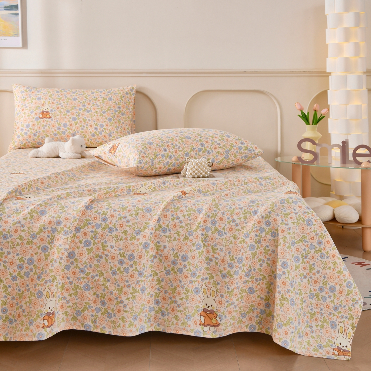 91家纺网 家纺一手货源 找家纺 悠米悠家 2026新款工艺款印花老粗布床单单品床单床单单件凉席席子 春日兔游记