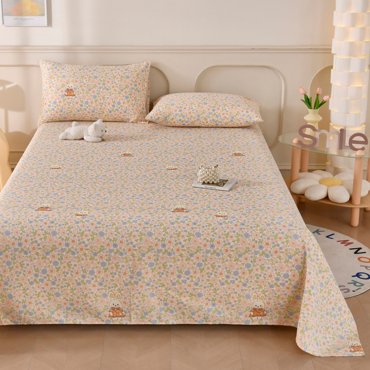 91家纺网 家纺一手货源 找家纺 悠米悠家 2026新款工艺款印花老粗布床单单品床单床单单件凉席席子 春日兔游记