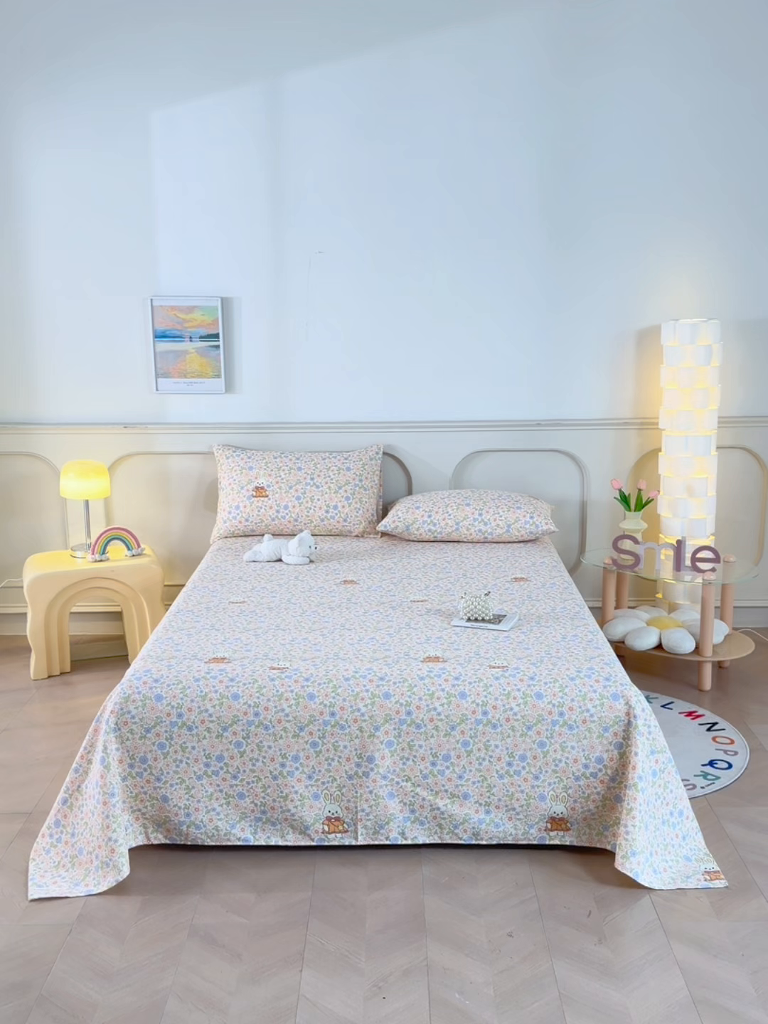 91家纺网 家纺一手货源 找家纺 悠米悠家 2026新款工艺款印花老粗布床单单品床单床单单件凉席席子 春日兔游记