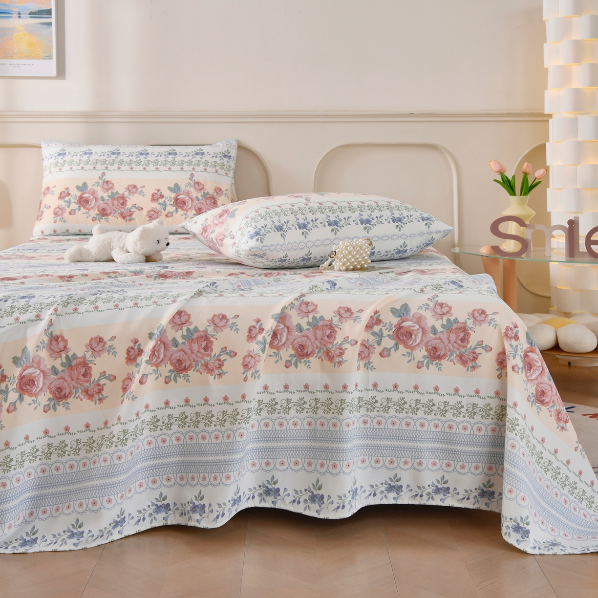 91家纺网 家纺一手货源 找家纺 悠米悠家 2026新款工艺款印花老粗布床单单品床单床单单件凉席席子 莫奈玫瑰园