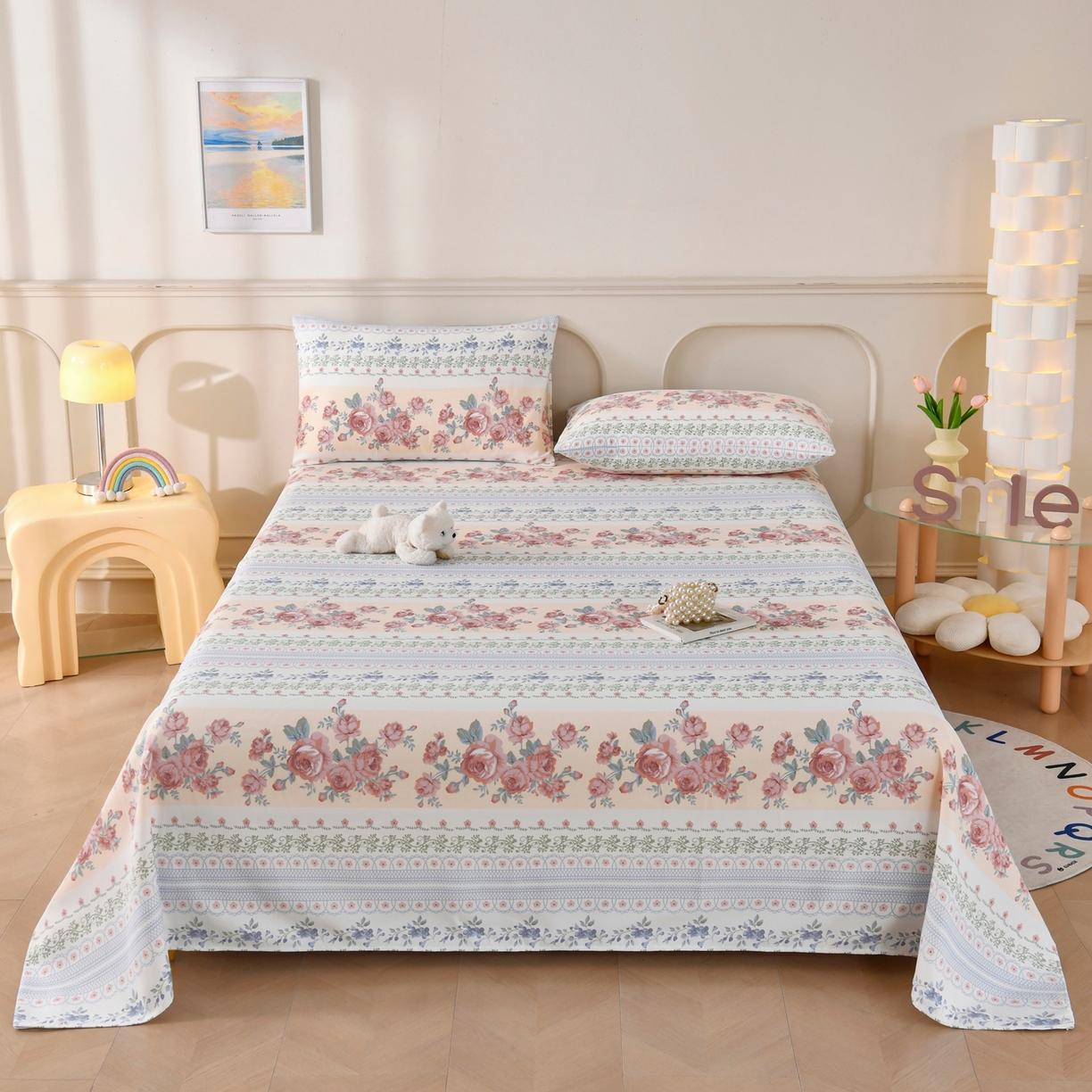 91家纺网 家纺一手货源 找家纺 悠米悠家 2026新款工艺款印花老粗布床单单品床单床单单件凉席席子 莫奈玫瑰园