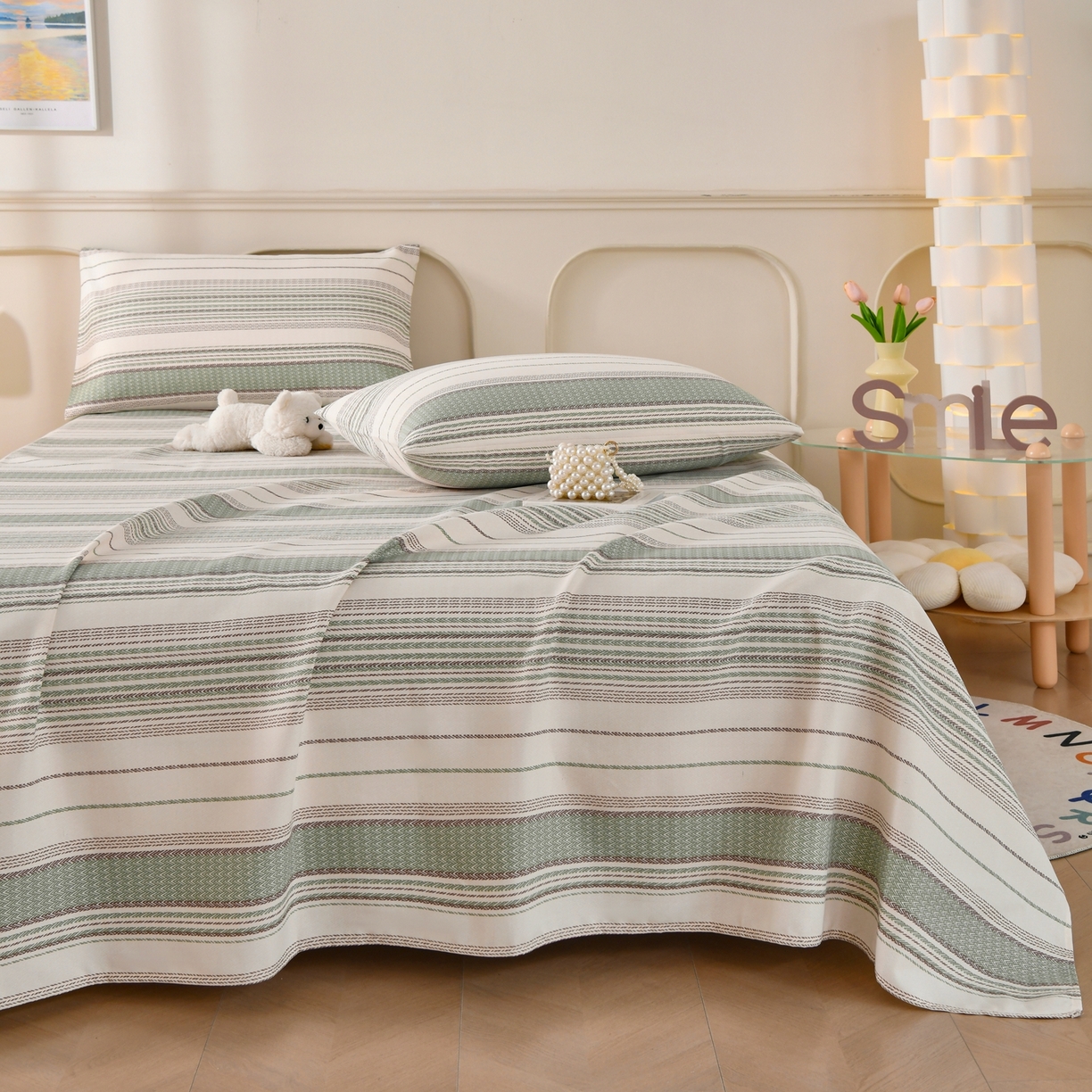 91家纺网 家纺一手货源 找家纺 悠米悠家 2026新款工艺款印花老粗布床单单品床单床单单件凉席席子 青棕素条纹