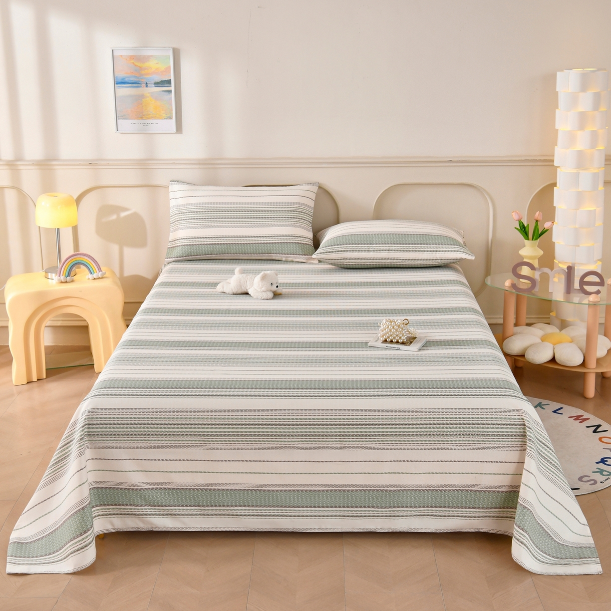 91家纺网 家纺一手货源 找家纺 悠米悠家 2026新款工艺款印花老粗布床单单品床单床单单件凉席席子 青棕素条纹