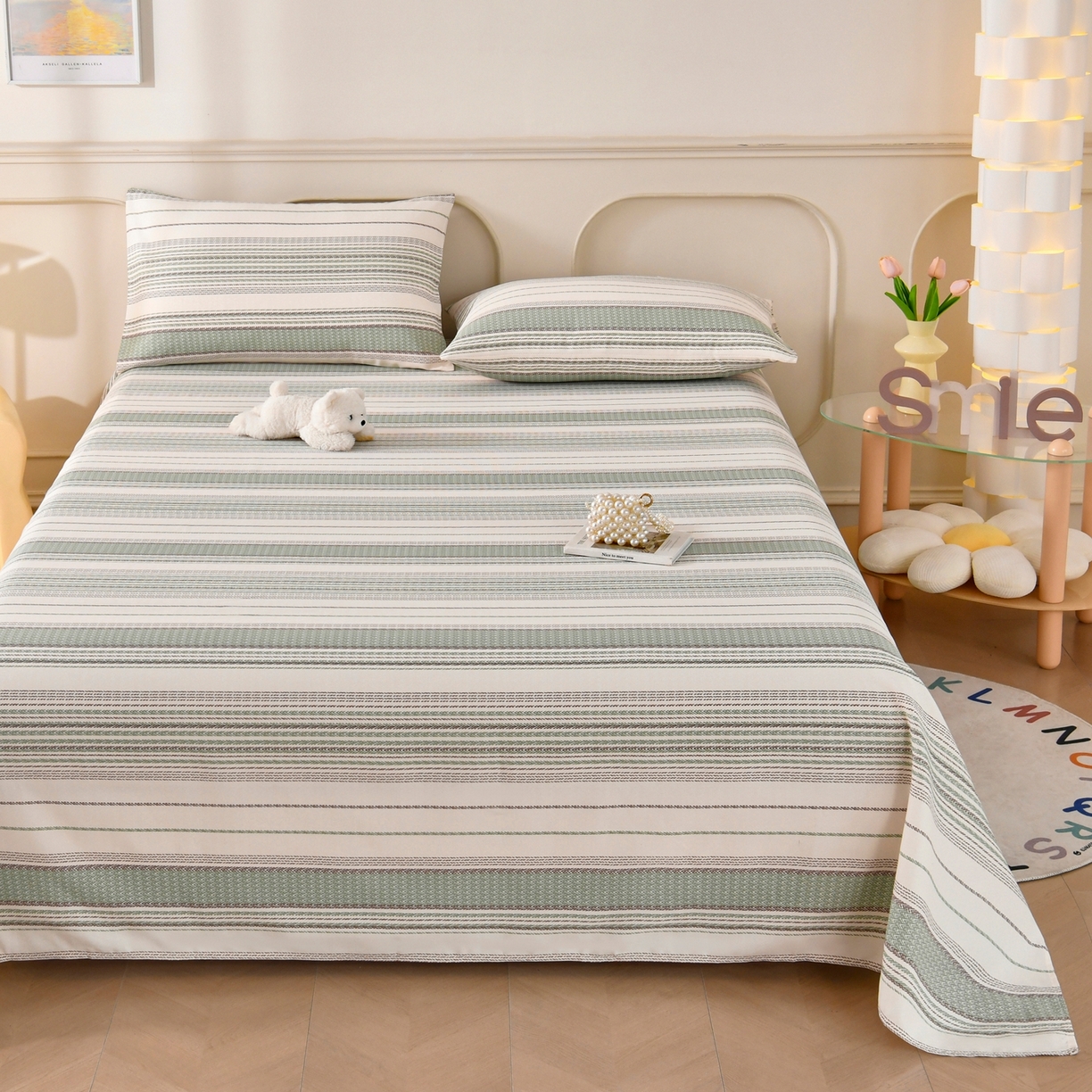 91家纺网 家纺一手货源 找家纺 悠米悠家 2026新款工艺款印花老粗布床单单品床单床单单件凉席席子 青棕素条纹