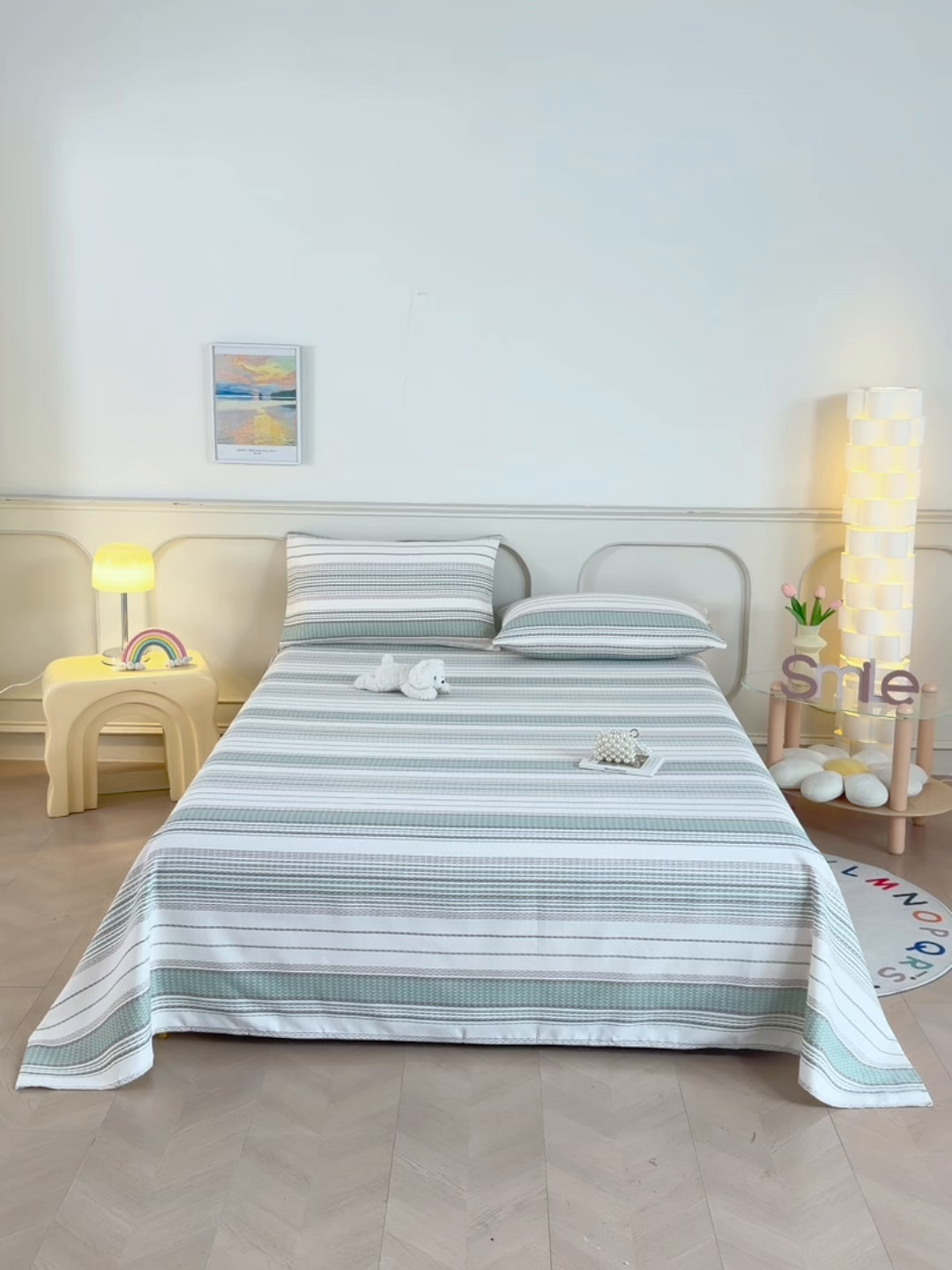 91家纺网 家纺一手货源 找家纺 悠米悠家 2026新款工艺款印花老粗布床单单品床单床单单件凉席席子 青棕素条纹