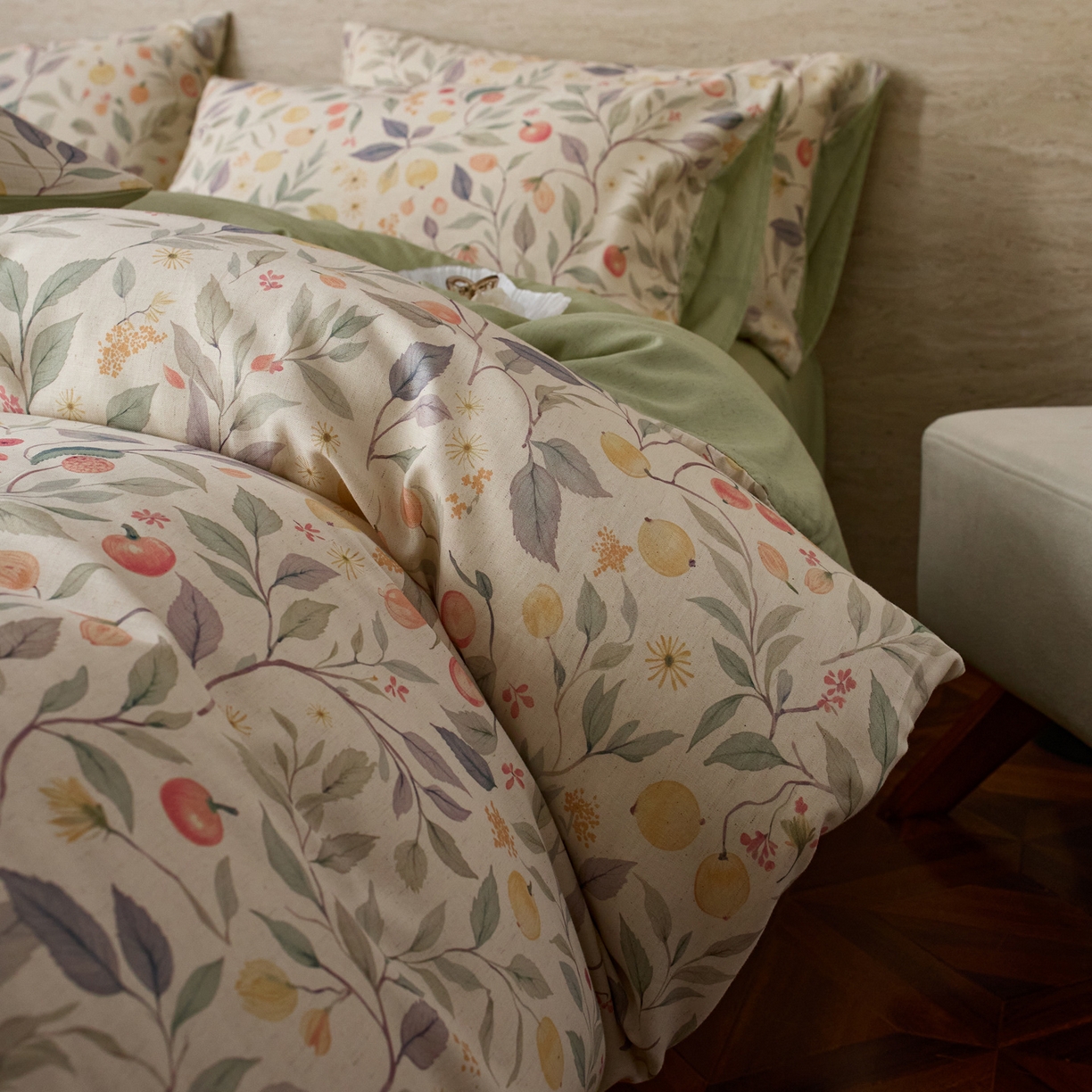 91家纺网 家纺一手货源 找家纺 如一 2026新款A类复古全棉棉麻印花四件套 果韵