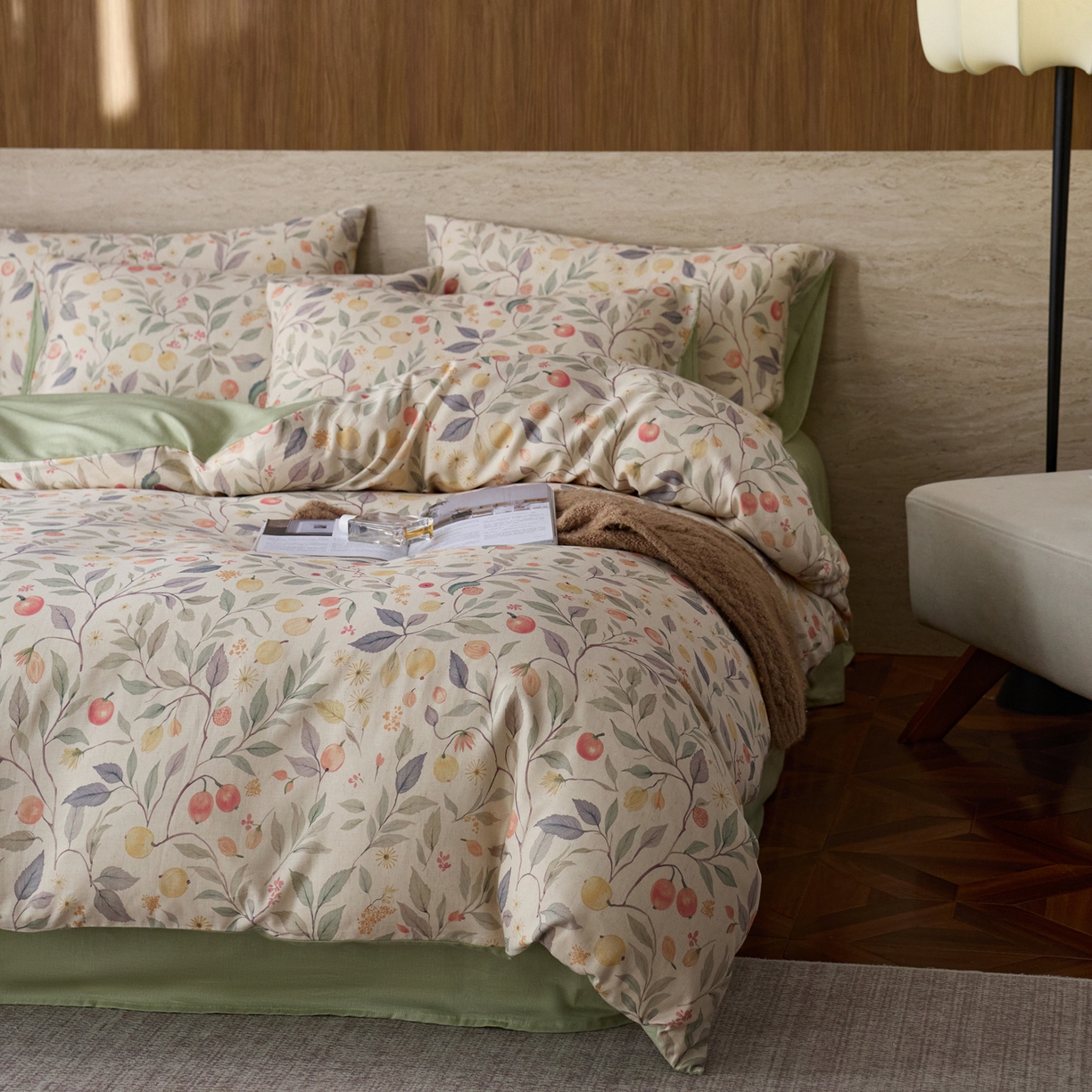 91家纺网 家纺一手货源 找家纺 如一 2026新款A类复古全棉棉麻印花四件套 果韵