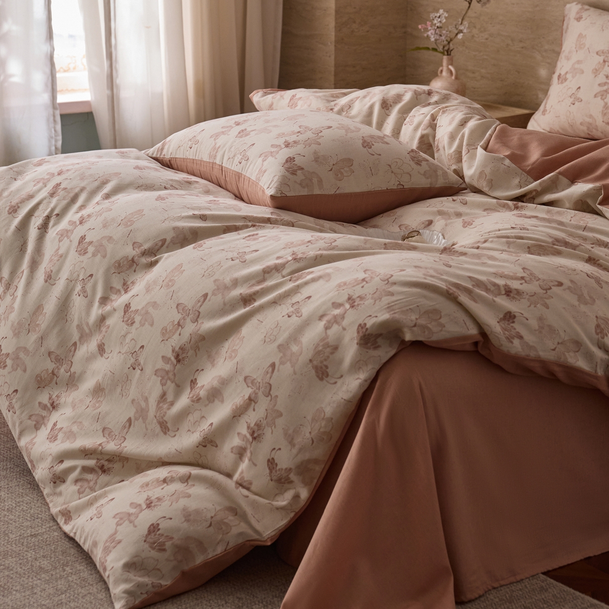 91家纺网 家纺一手货源 找家纺 如一 2026新款A类复古全棉棉麻印花四件套 蝶影