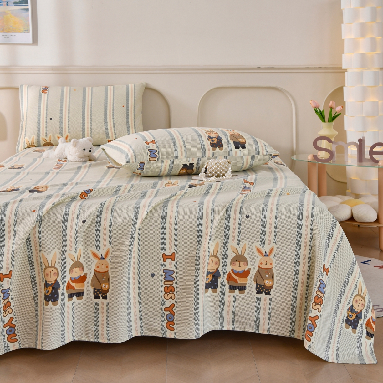 91家纺网 家纺一手货源 找家纺 悠米悠家 2026新款工艺款印花老粗布床单单品床单床单单件凉席席子 青禾兔趣条