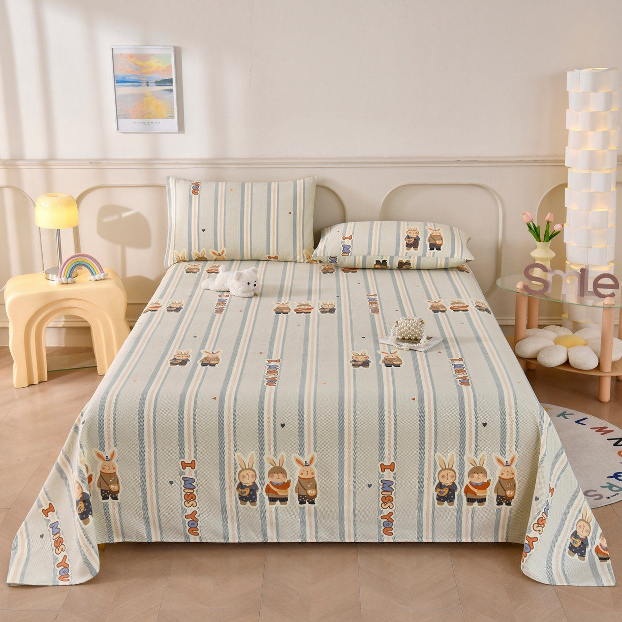 91家纺网 家纺一手货源 找家纺 悠米悠家 2026新款工艺款印花老粗布床单单品床单床单单件凉席席子 青禾兔趣条