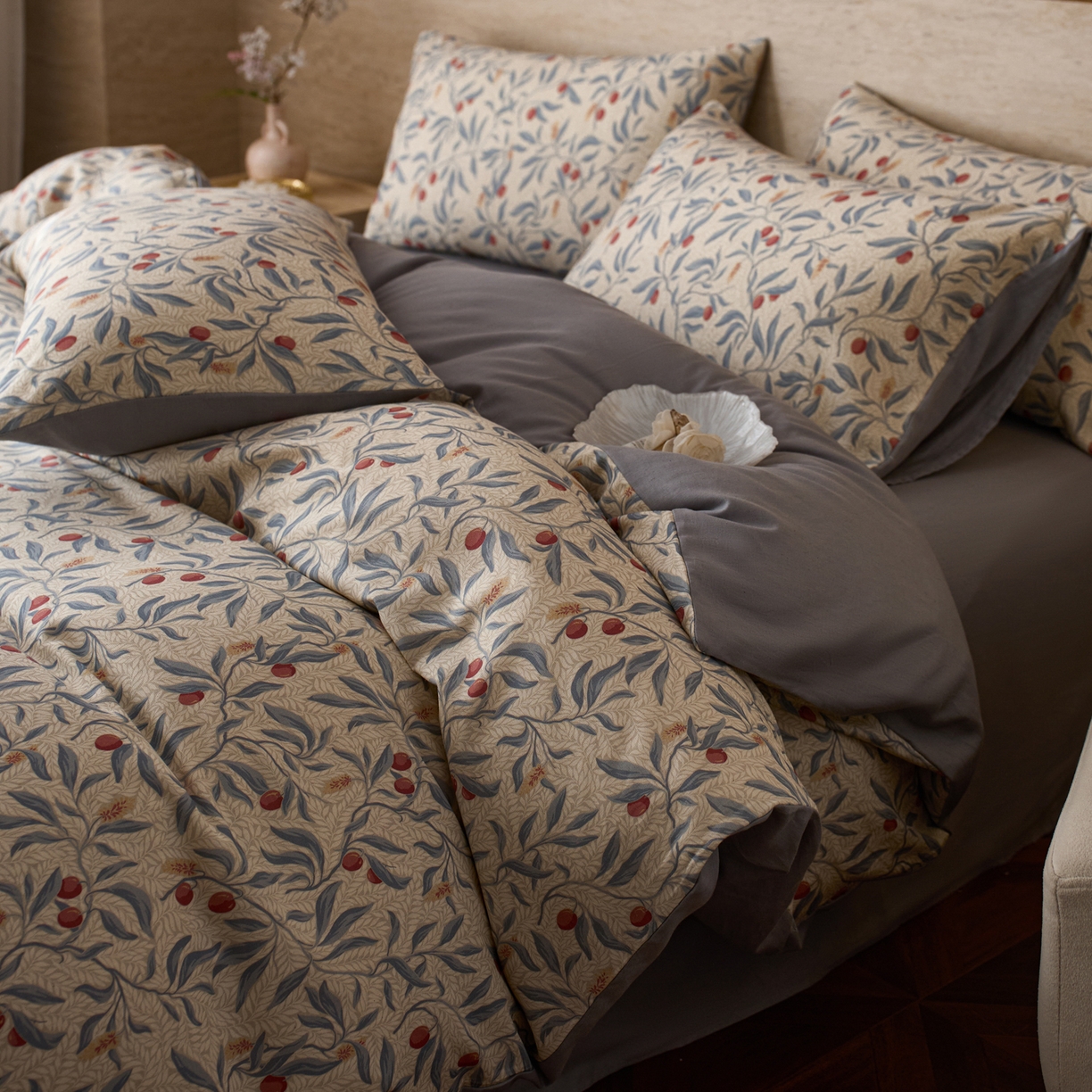 91家纺网 家纺一手货源 找家纺 如一 2026新款A类复古全棉棉麻印花四件套 硕果