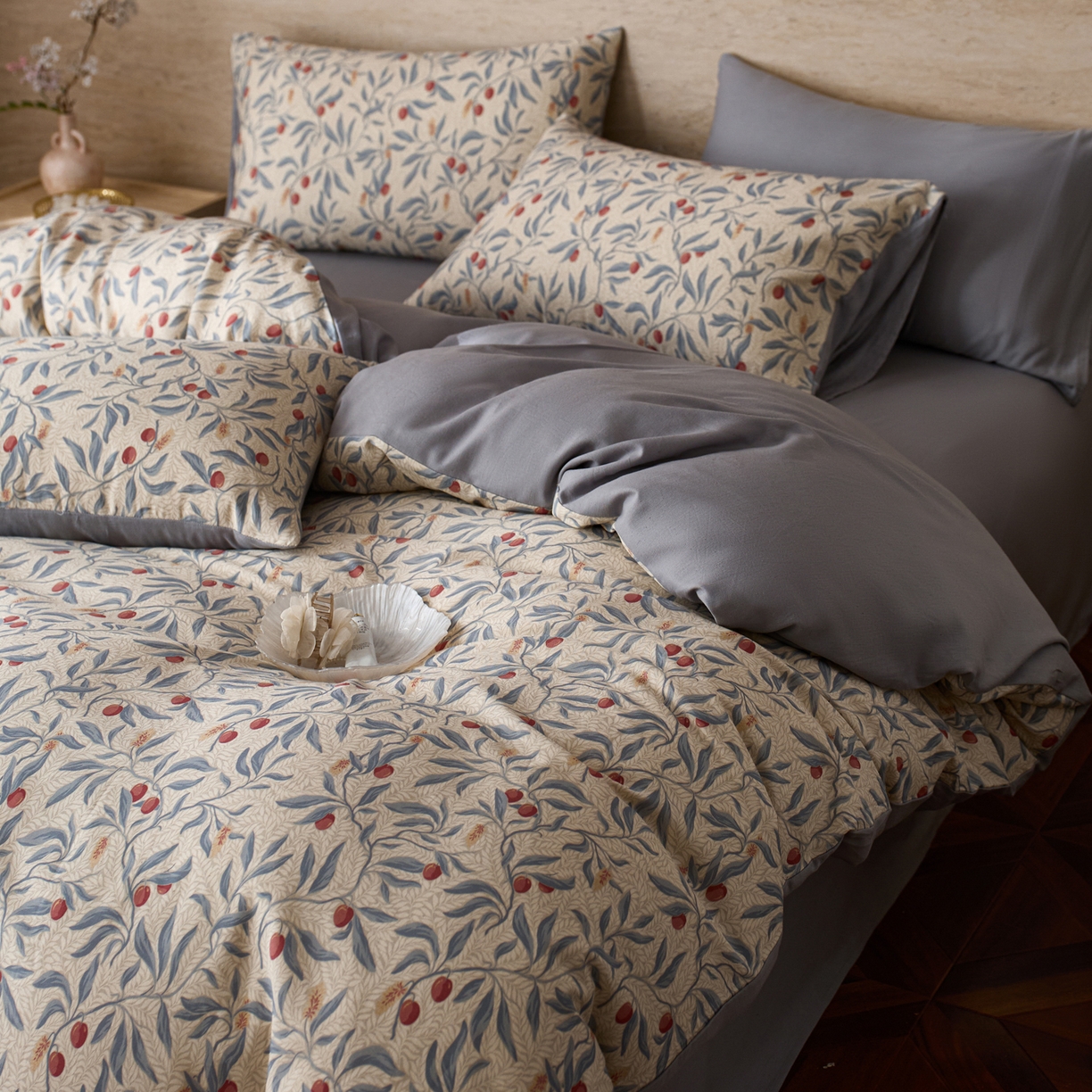 91家纺网 家纺一手货源 找家纺 如一 2026新款A类复古全棉棉麻印花四件套 硕果