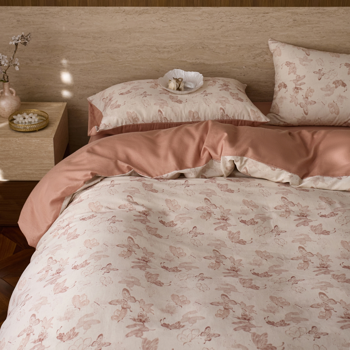 91家纺网 家纺一手货源 找家纺 如一 2026新款A类复古全棉棉麻印花四件套 蝶影