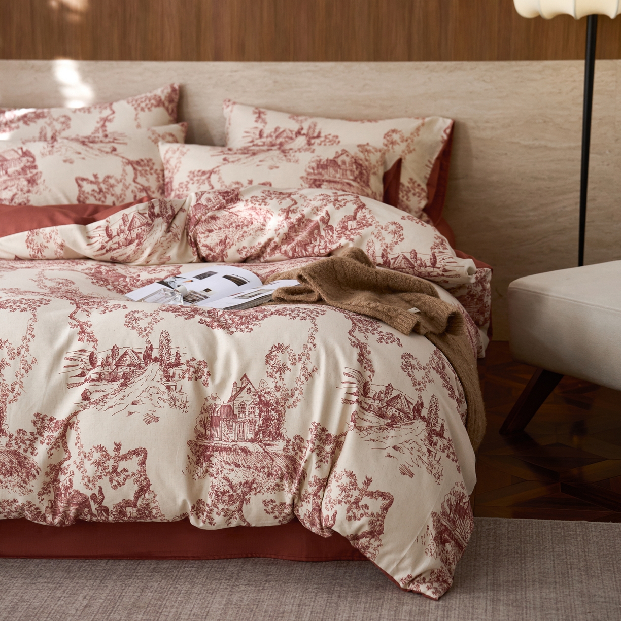 91家纺网 家纺一手货源 找家纺 如一 2026新款A类复古全棉棉麻印花四件套 庄园