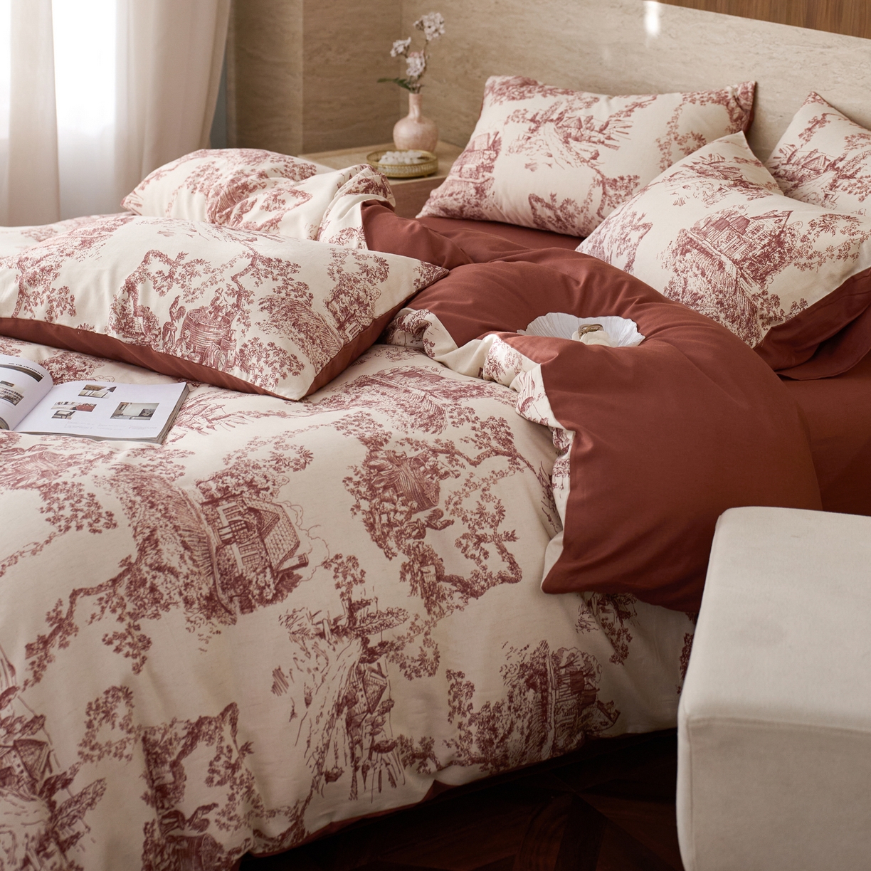 91家纺网 家纺一手货源 找家纺 如一 2026新款A类复古全棉棉麻印花四件套 庄园