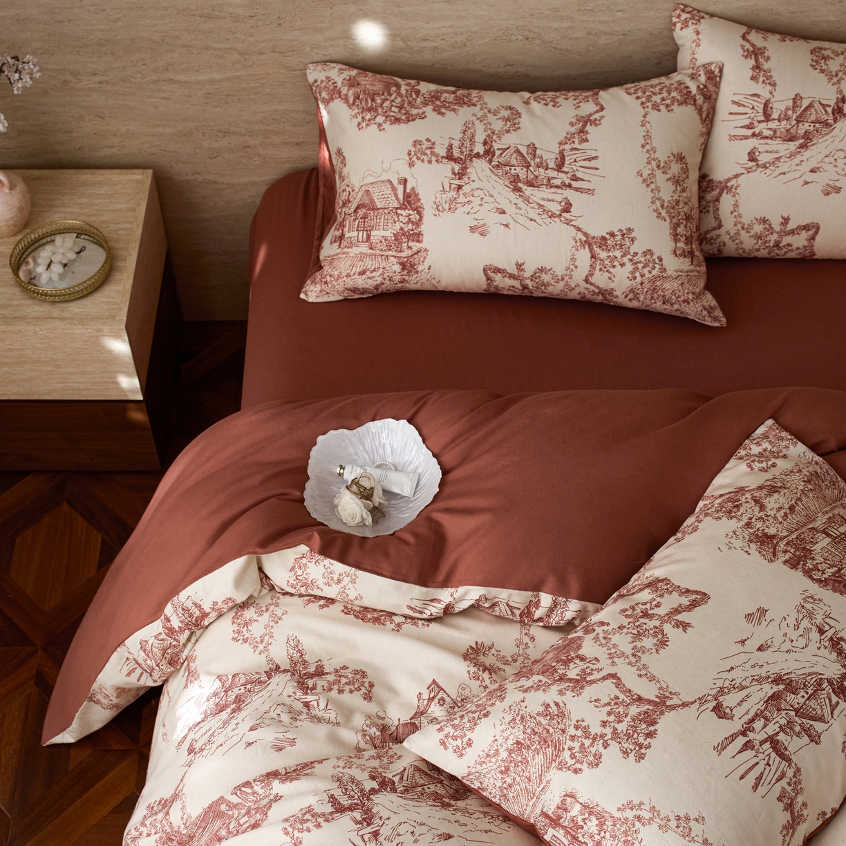 91家纺网 家纺一手货源 找家纺 如一 2026新款A类复古全棉棉麻印花四件套 庄园