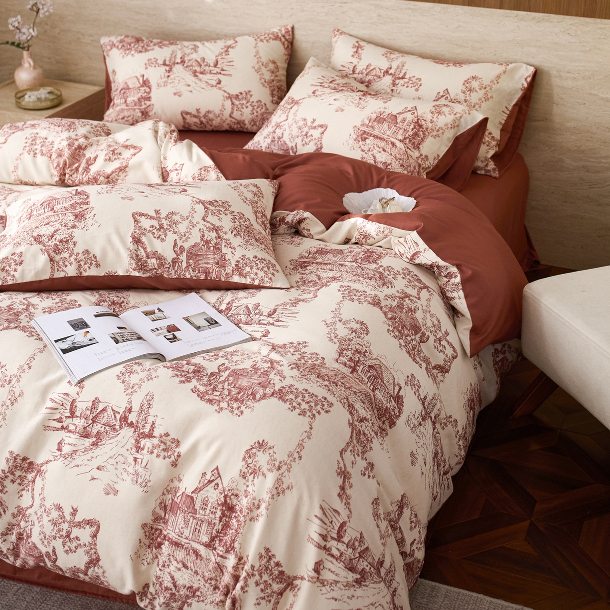 91家纺网 家纺一手货源 找家纺 如一 2026新款A类复古全棉棉麻印花四件套 庄园