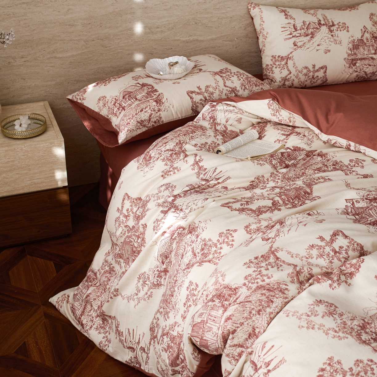 91家纺网 家纺一手货源 找家纺 如一 2026新款A类复古全棉棉麻印花四件套 庄园