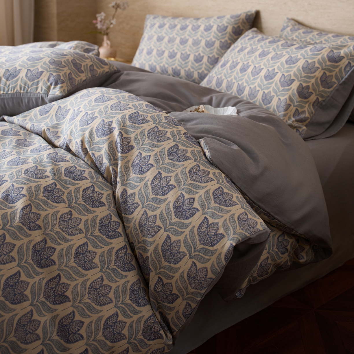 91家纺网 家纺一手货源 找家纺 如一 2026新款A类复古全棉棉麻印花四件套 青花