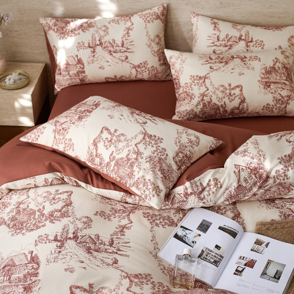 91家纺网 家纺一手货源 找家纺 如一 2026新款A类复古全棉棉麻印花四件套 庄园