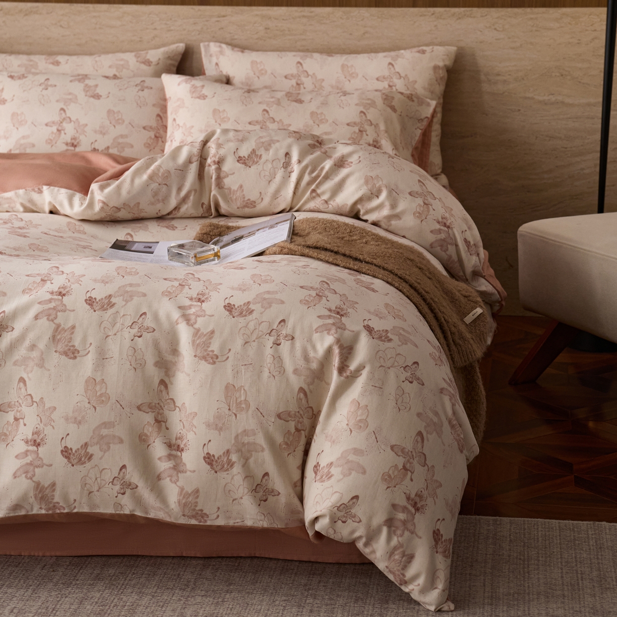 91家纺网 家纺一手货源 找家纺 如一 2026新款A类复古全棉棉麻印花四件套 蝶影