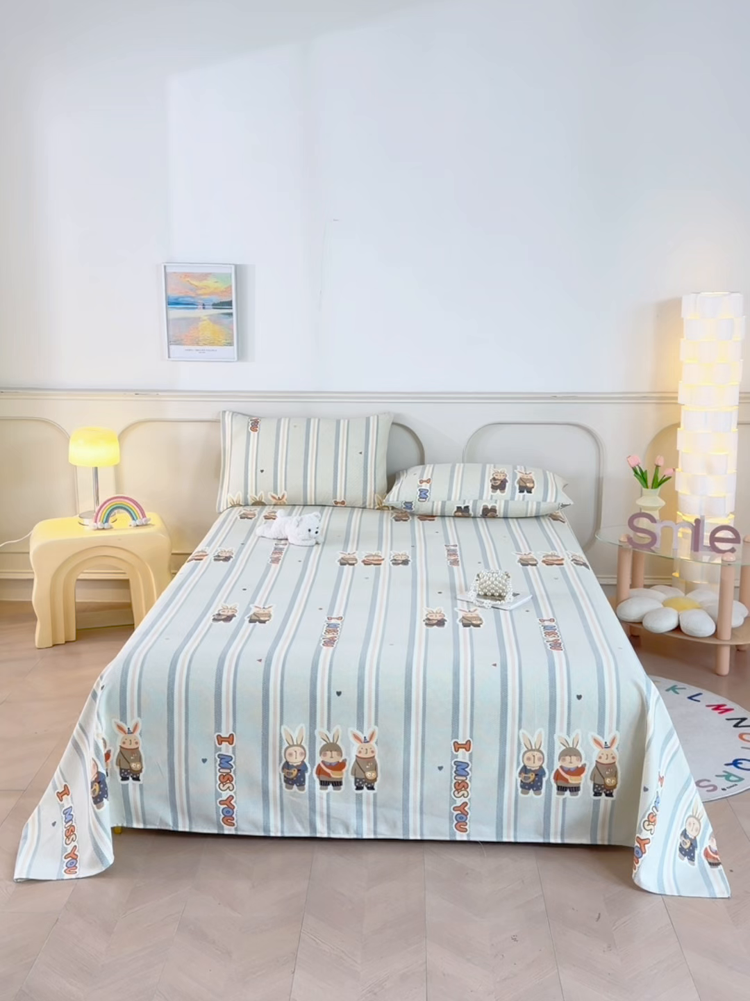 91家纺网 家纺一手货源 找家纺 悠米悠家 2026新款工艺款印花老粗布床单单品床单床单单件凉席席子 青禾兔趣条