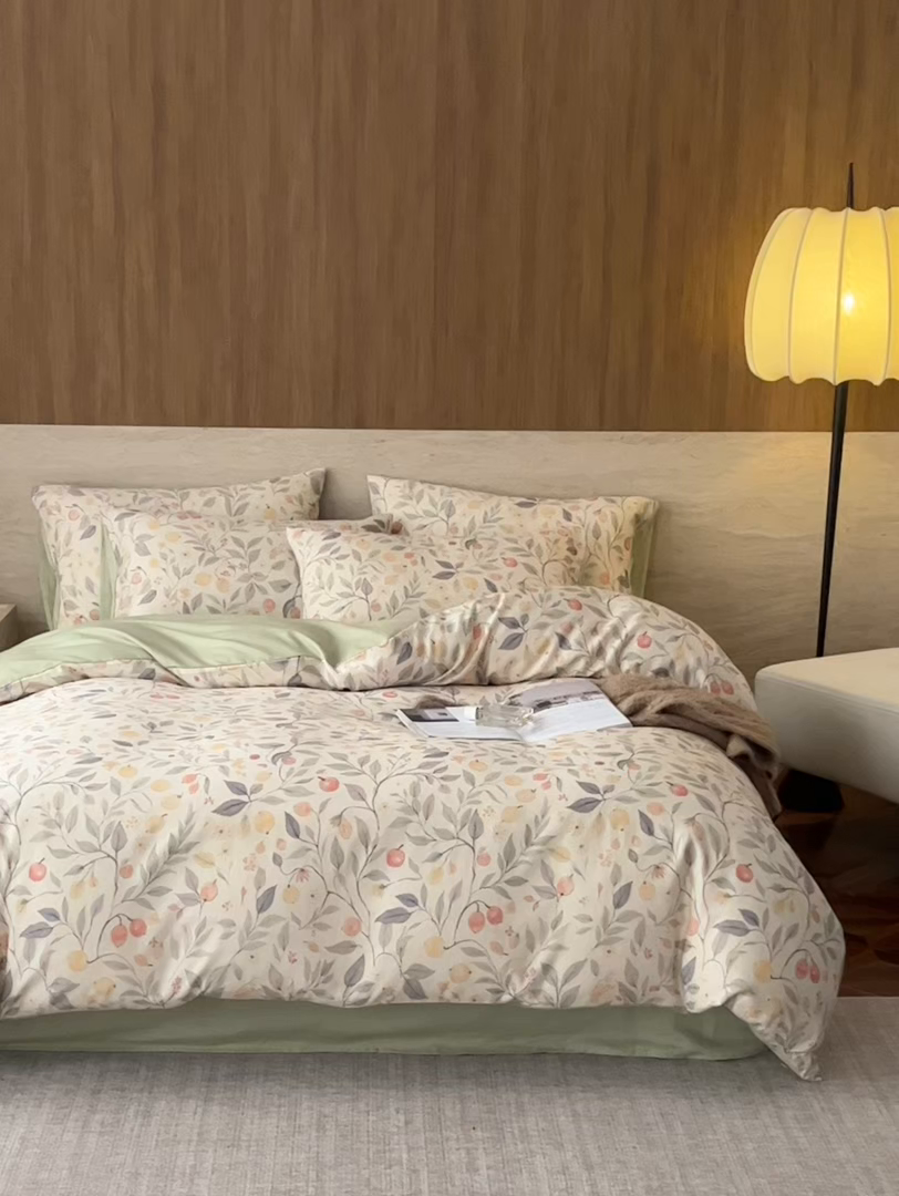 91家纺网 家纺一手货源 找家纺 如一 2026新款A类复古全棉棉麻印花四件套 果韵