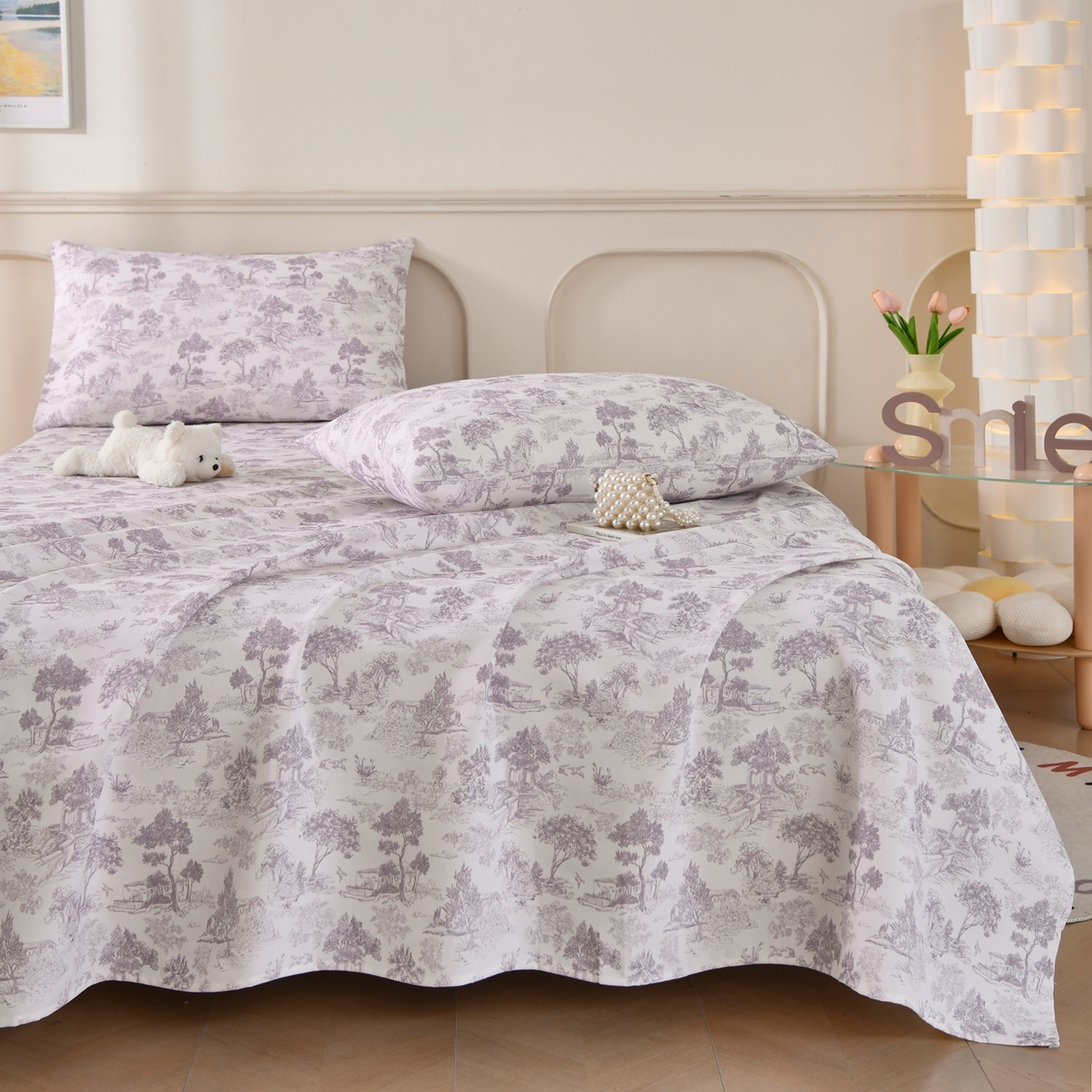 91家纺网 家纺一手货源 找家纺 悠米悠家 2026新款工艺款印花老粗布床单单品床单床单单件凉席席子 烟紫松间居