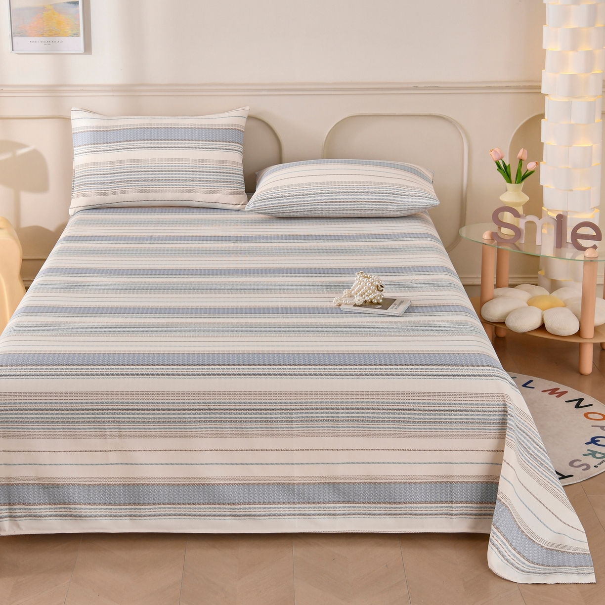 91家纺网 家纺一手货源 找家纺 悠米悠家 2026新款工艺款印花老粗布床单单品床单床单单件凉席席子 海盐棕条纹