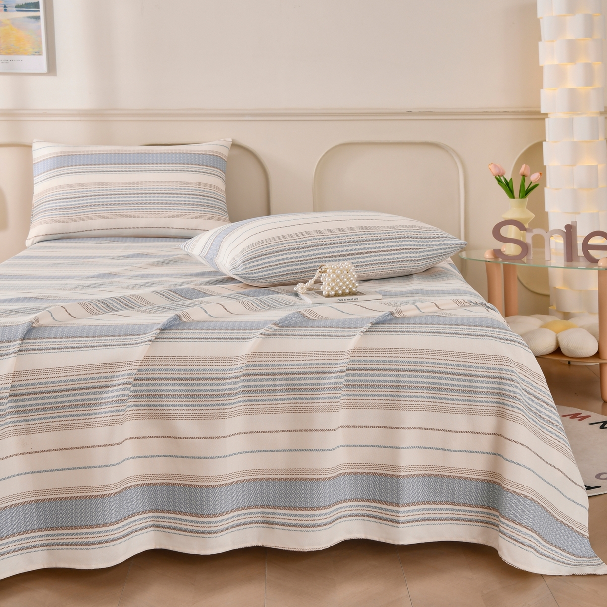 91家纺网 家纺一手货源 找家纺 悠米悠家 2026新款工艺款印花老粗布床单单品床单床单单件凉席席子 海盐棕条纹