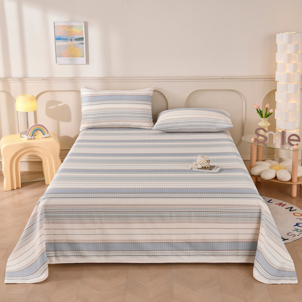 91家纺网 家纺一手货源 找家纺 悠米悠家 2026新款工艺款印花老粗布床单单品床单床单单件凉席席子 海盐棕条纹