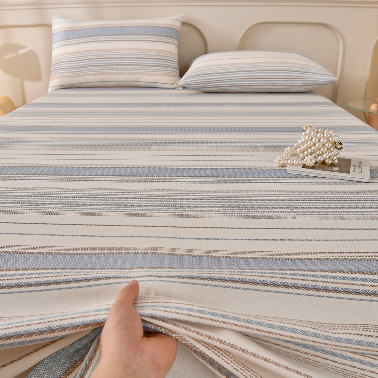 91家纺网 家纺一手货源 找家纺 悠米悠家 2026新款工艺款印花老粗布床单单品床单床单单件凉席席子 海盐棕条纹