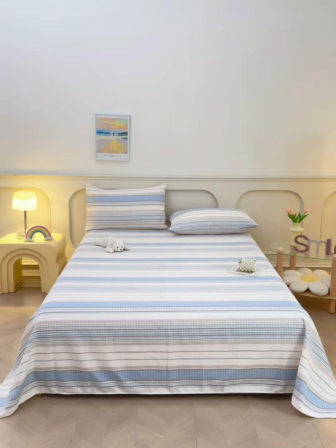 91家纺网 家纺一手货源 找家纺 悠米悠家 2026新款工艺款印花老粗布床单单品床单床单单件凉席席子 海盐棕条纹