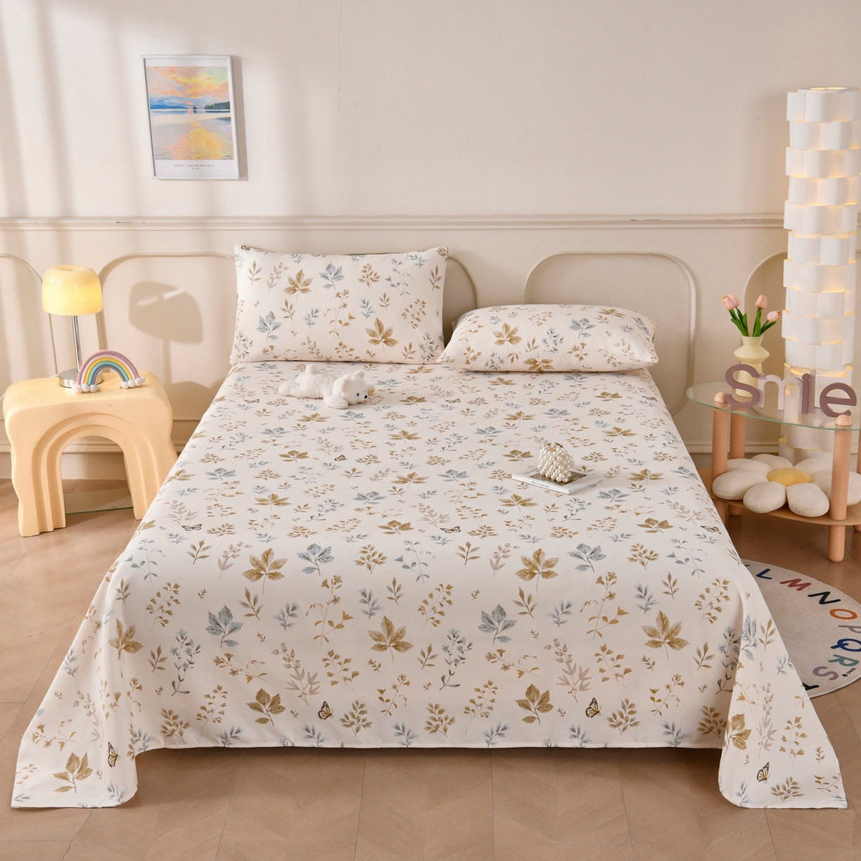 91家纺网 家纺一手货源 找家纺 悠米悠家 2026新款工艺款印花老粗布床单单品床单床单单件凉席席子 秋野蝶叶集